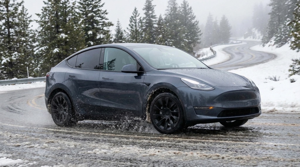 Tesla Model Y AWD driving on wet road demonstrating traction and stability