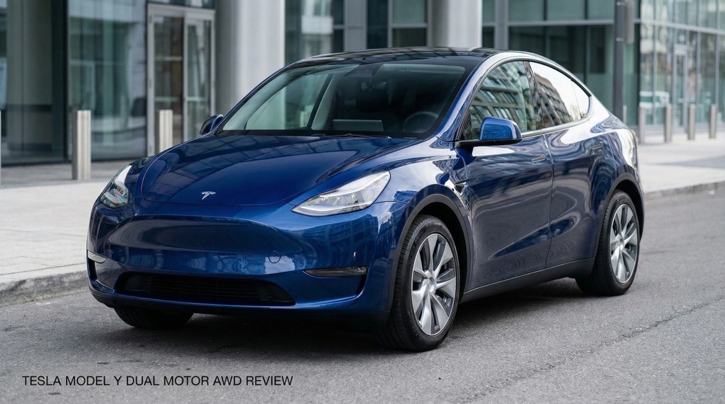 Front three-quarter exterior view of Tesla Model Y all-wheel drive version parked outdoors
