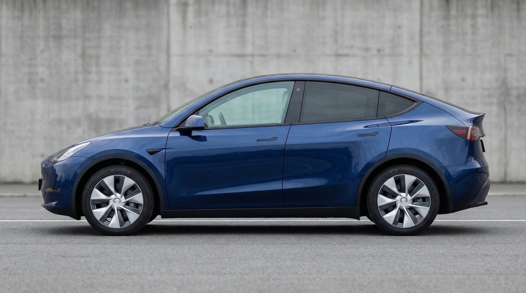 ide profile view of Tesla Model Y AWD highlighting crossover proportions