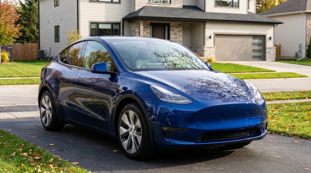 Tesla Model Y AWD parked in suburban environment suitable for daily family use