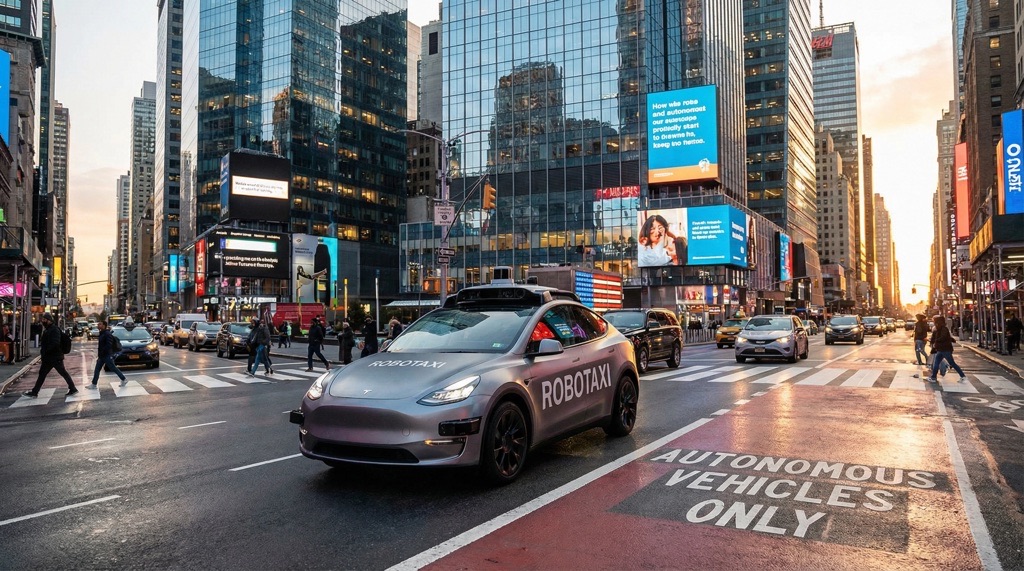 Tesla Model Y robotaxi operating in urban traffic