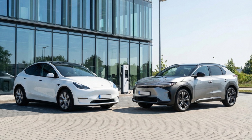 Tesla Model Y and Toyota bZ4X electric SUVs side by side in a 2026 comparison, highlighting tech-focused performance versus comfort and reliability
