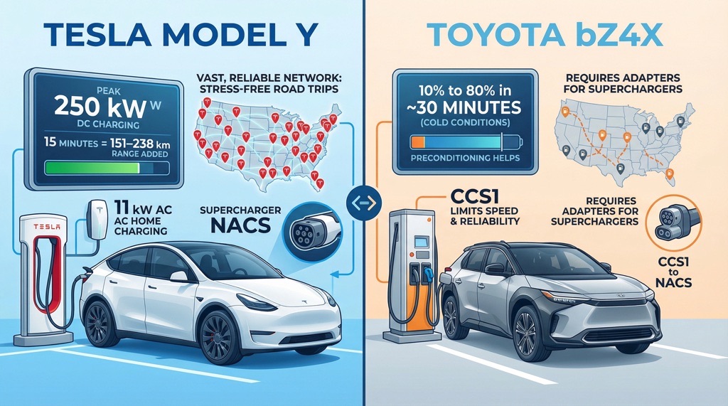 Tesla Model Y and Toyota bZ4X charging at fast-charging stations, comparing charging speed and network reliability in 2026