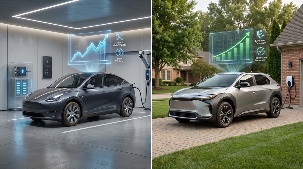 Tesla Model Y and Toyota bZ4X electric SUVs compared for efficiency, maintenance costs, and resale value in 2026