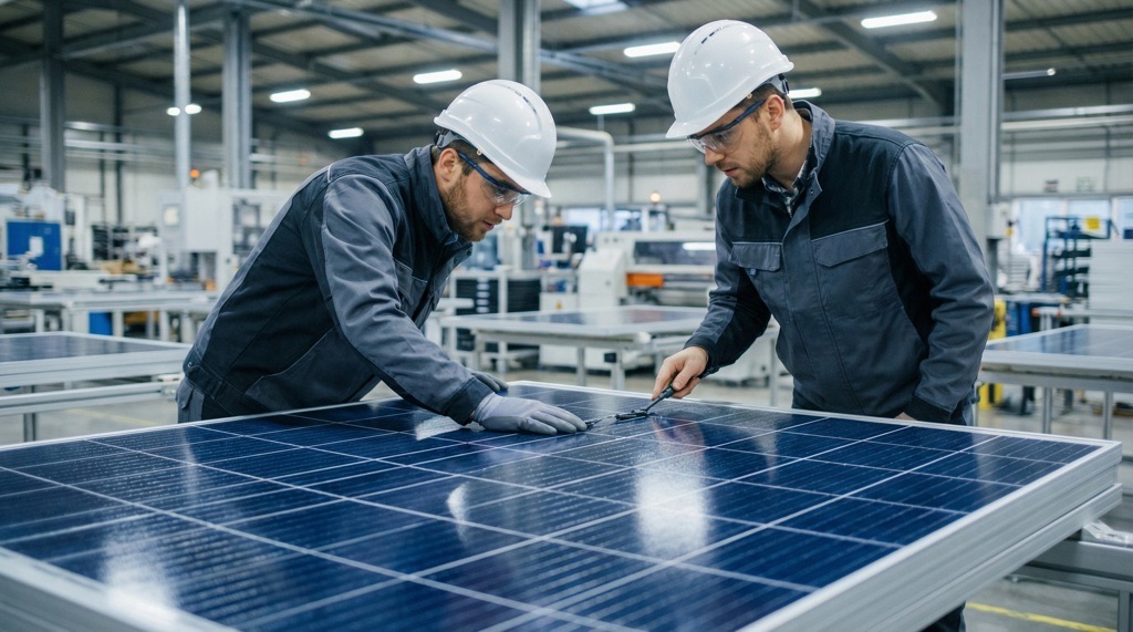 Engineers examining Tesla’s new solar panel design aimed at faster installation