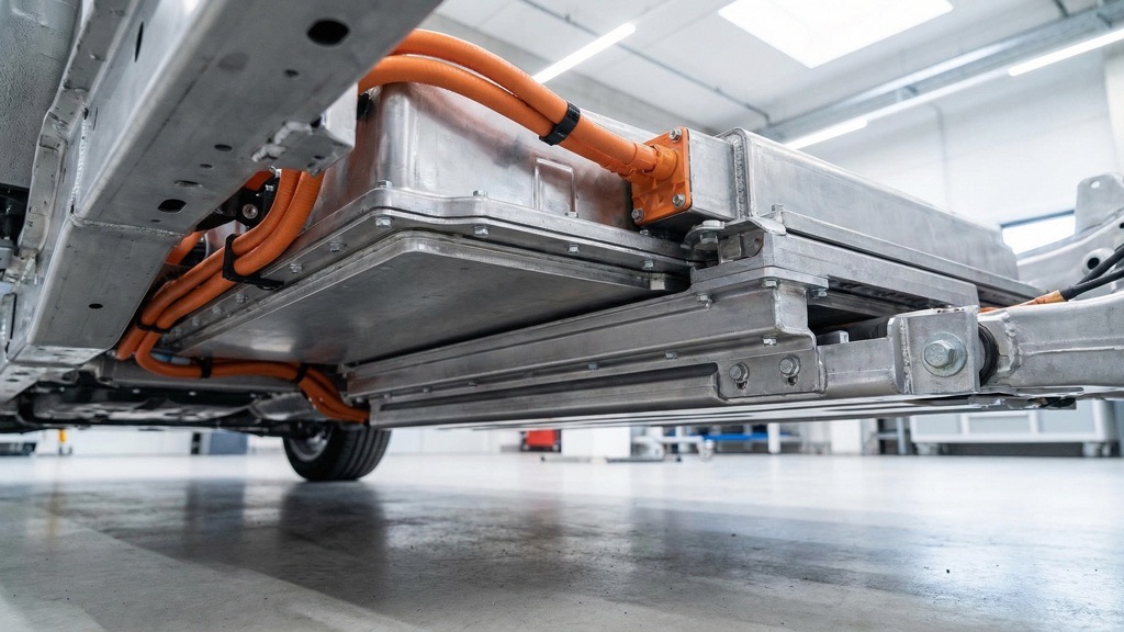 Close-up of Tesla battery pack structure showing integrated floor-mounted design