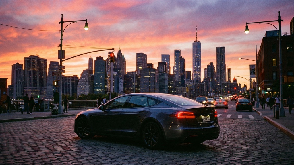 Electric vehicle driving into sunset symbolizing long-term Tesla battery life and ownership confidence in 2026