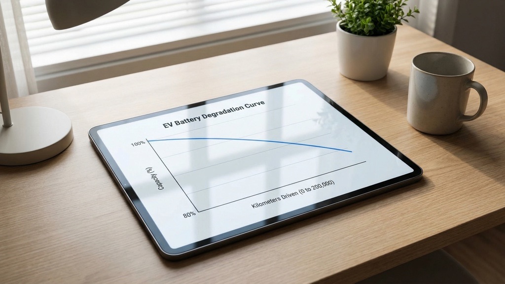 Graph showing Tesla battery degradation curve from 0 to 300000 kilometers