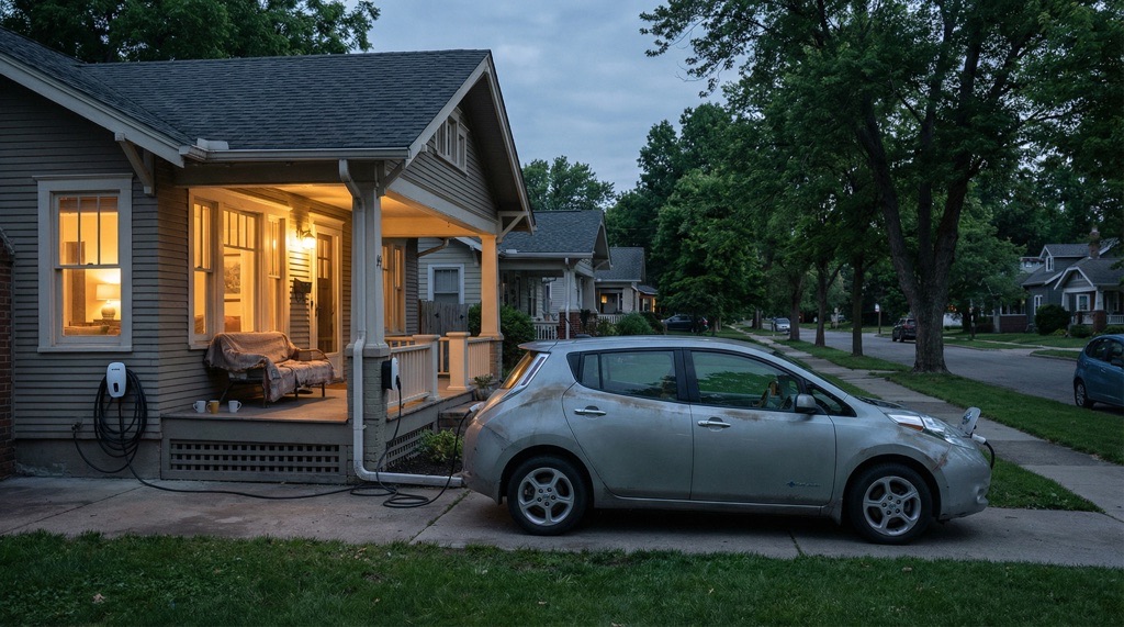 Used electric car charging at home in the USA in 2026, peaceful evening scene