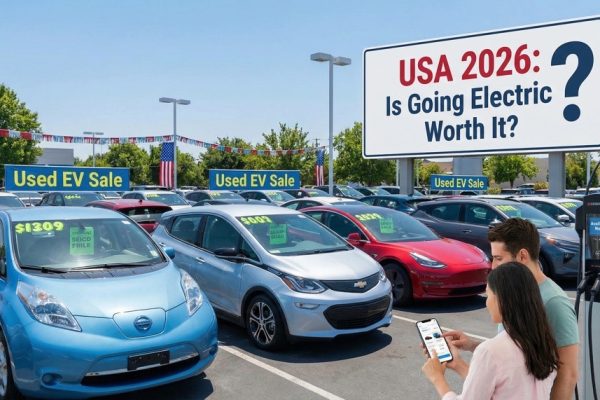 Used electric car in the USA in 2026 parked at home with charging station