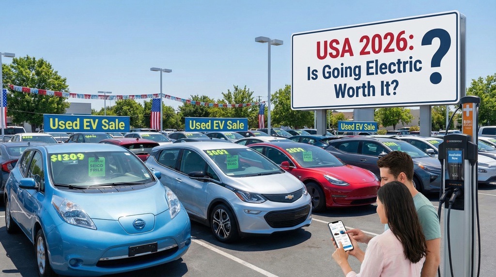 Used electric car in the USA in 2026 parked at home with charging station