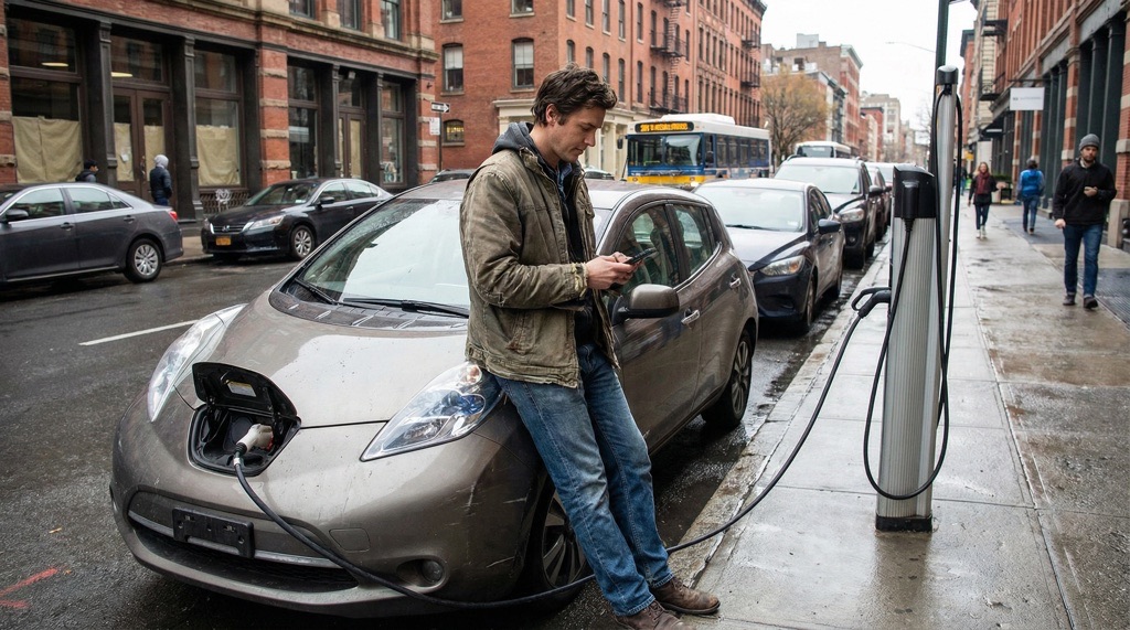 Driver checking electric car charging costs on smartphone