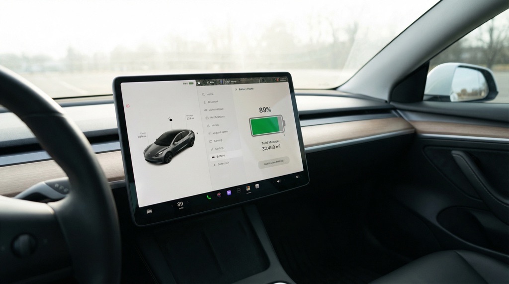 Tesla interior showing battery health and mileage data over time