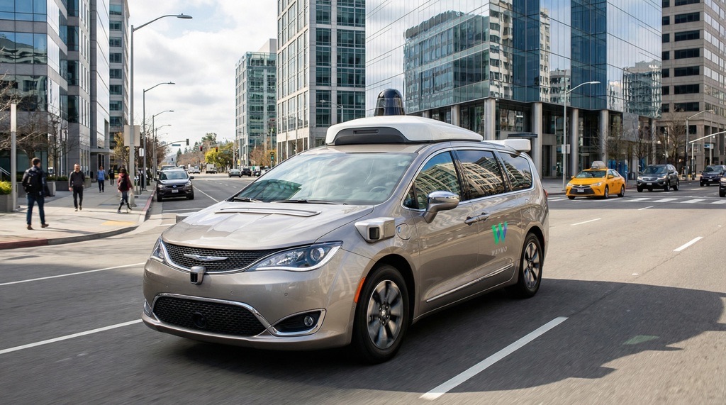 Waymo fully driverless autonomous vehicle in city traffic