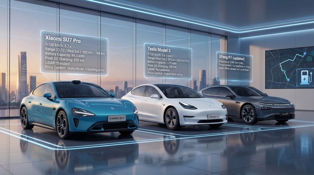 xiaomi su7 pro vs tesla model 3 vs xpeng p7