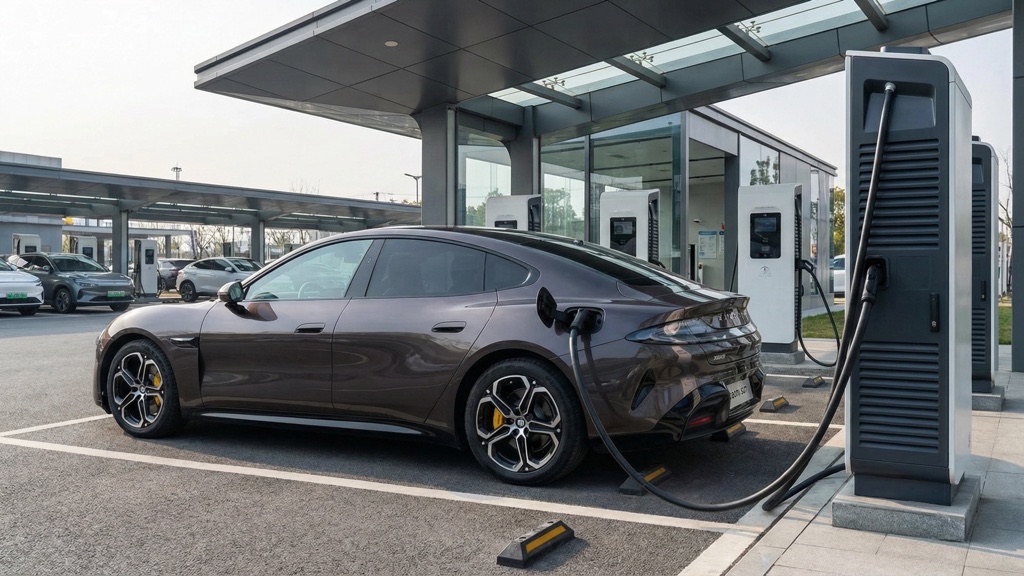 Xiaomi SU7 electric sedan connected to high-power DC fast charger