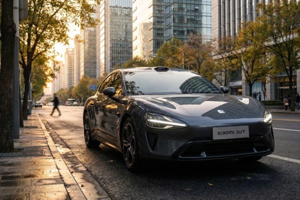 Xiaomi SU7 2026 electric sedan exterior in real-world urban setting