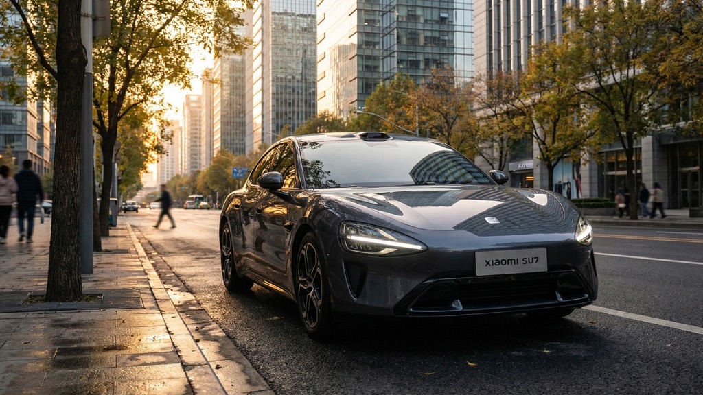 Xiaomi SU7 2026 electric sedan exterior in real-world urban setting