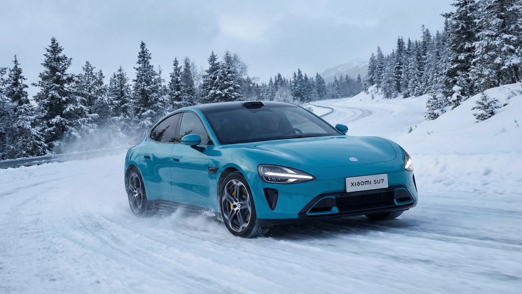 Xiaomi SU7 electric sedan driving in winter conditions for range testing