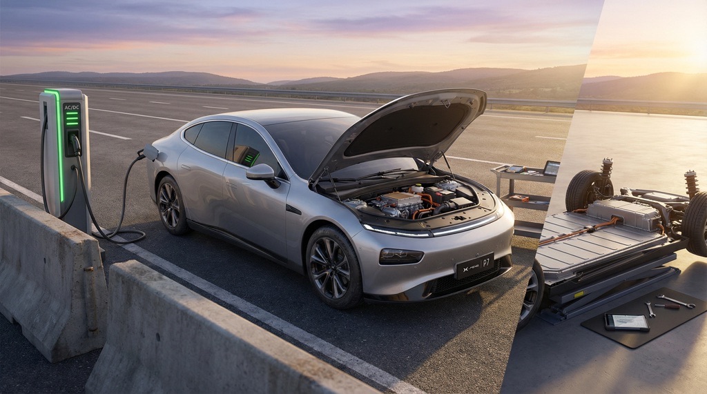 XPeng Next P7 electric sedan parked on highway during real-world test