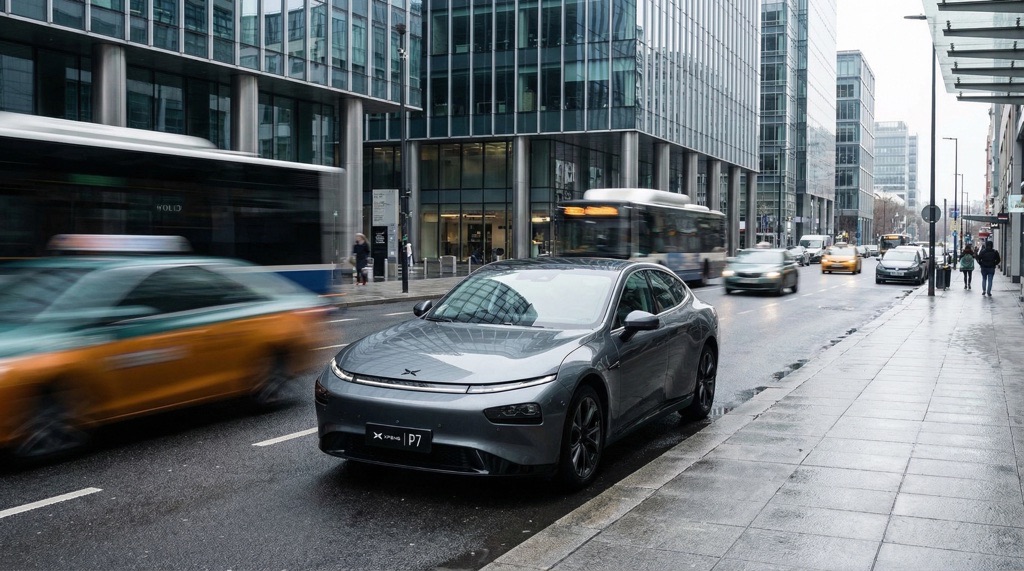 XPeng Next P7 driving in city traffic