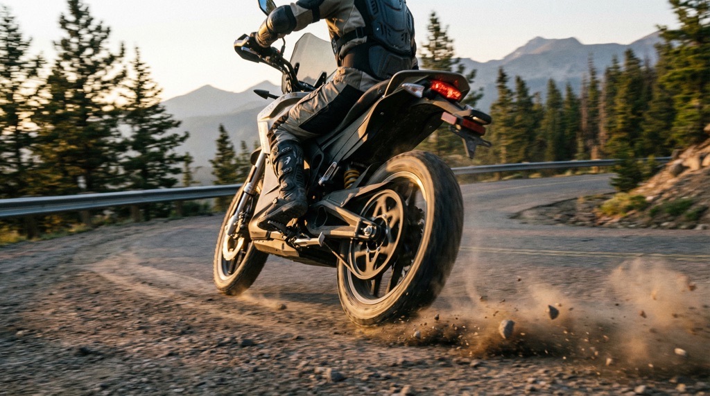 Electric adventure motorcycle equipped for long-distance touring