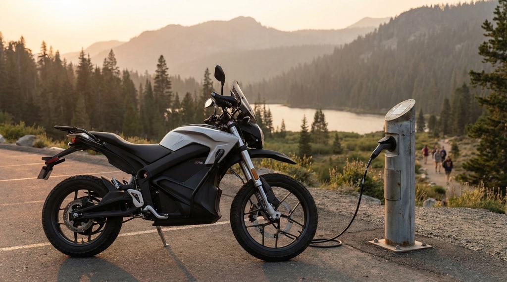 Electric adventure motorcycle demonstrating instant torque acceleration