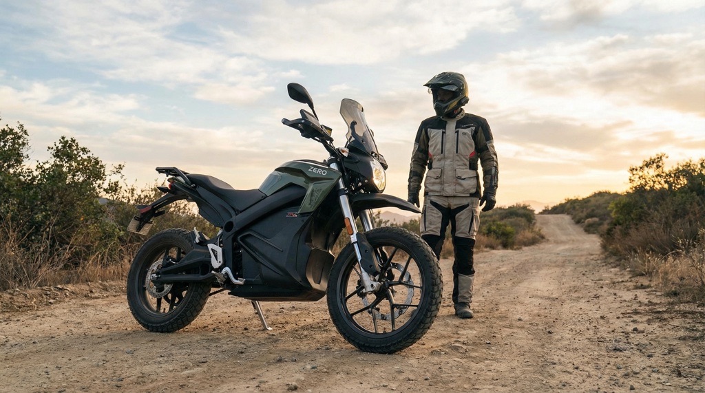 Zero DSR/X electric adventure motorcycle at sunset symbolizing the future of adventure riding