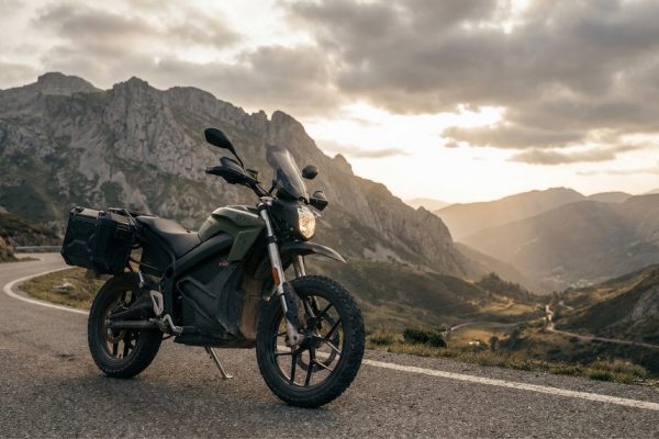 Zero DSR/X electric adventure motorcycle parked on a scenic mountain road