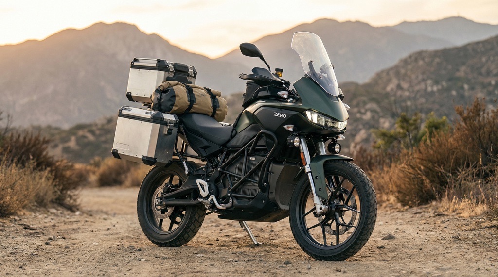 Electric adventure motorcycle riding on gravel roads in real-world conditions
