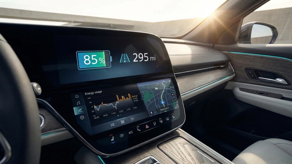 EV Dashboard Showing Battery Percentage and Range