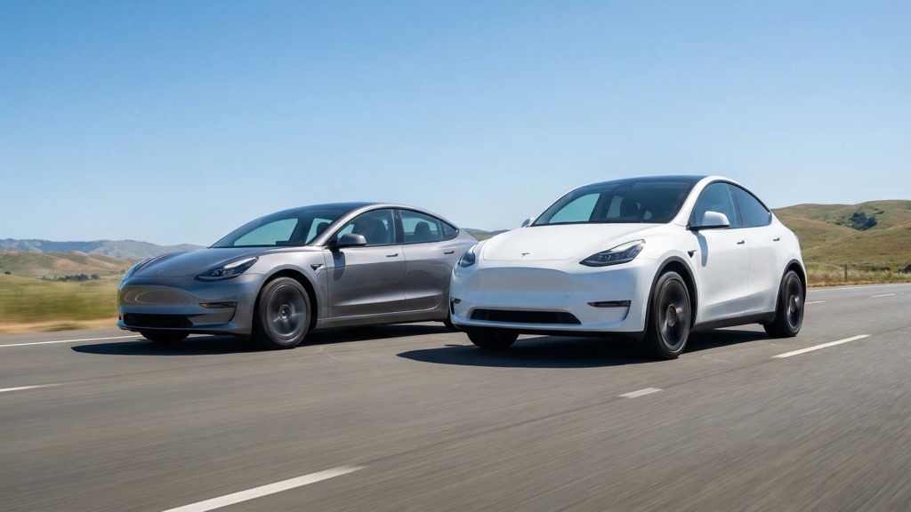 Two Tesla cars on a highway